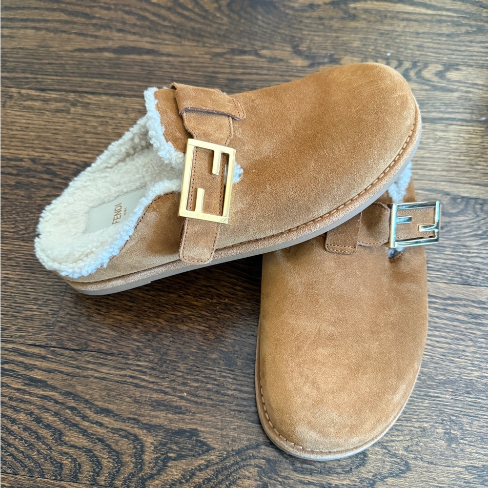 Fendi Brown Suede Shearling Lined Mules - Picture 9 of 15